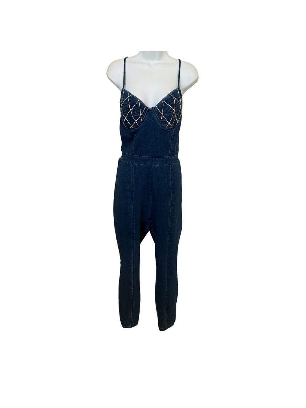 Haute Monde Demin Blue Jean Stretchy Jumpsuit w/Rhinestone Bustline. L